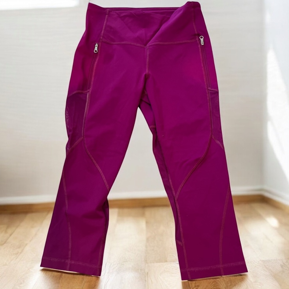Lululemon Rush Hour Crop High Rise Magenta Mesh Back Zip Pocket Leggings 8
